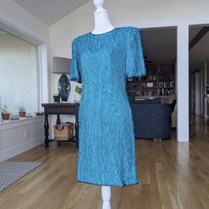 100% Silk 1980s Vintage Blue Sequin Cocktail Dress